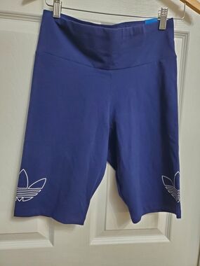 Adidas Navy Blue High-Waist Bike Shorts with Trefoil Logos - Size M